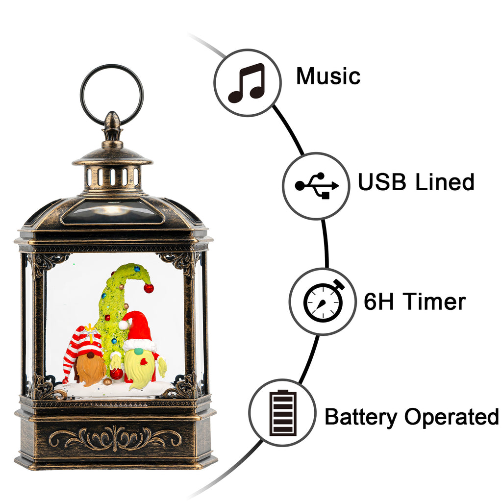 Christmas Snow Globe Lantern Water Glittering Gnomes Scandinavian Santa Elf with Whimsical Christmas Tree, Lighted Lantern-AULT24003-16
