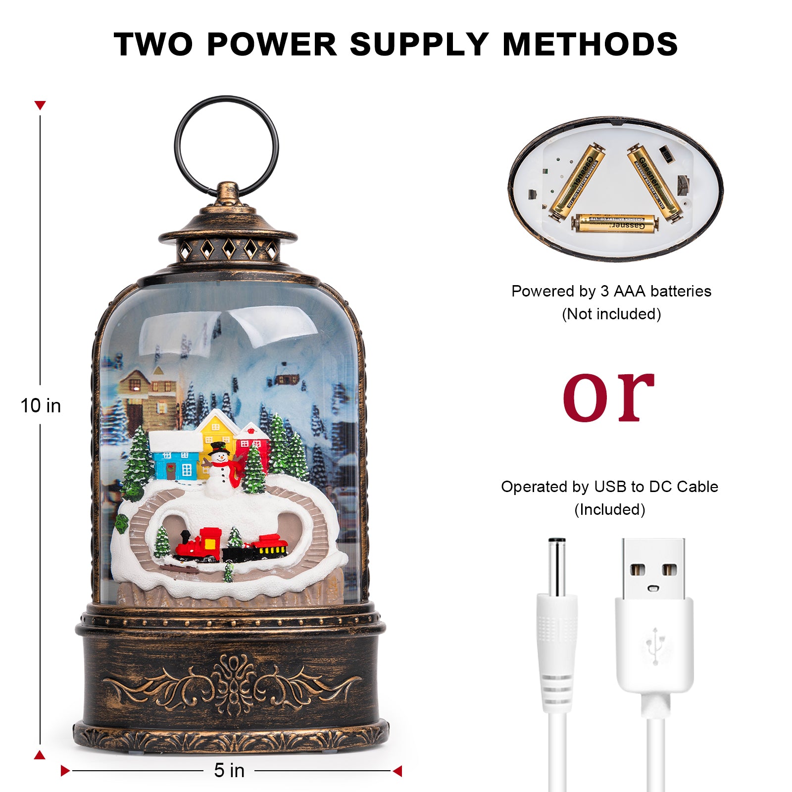 Christmas Snow Globe Lantern Water Glittering Snowman & Train with Music & Timer, USB Lined/Battery Operated Lighted Lantern-AULT25002-5