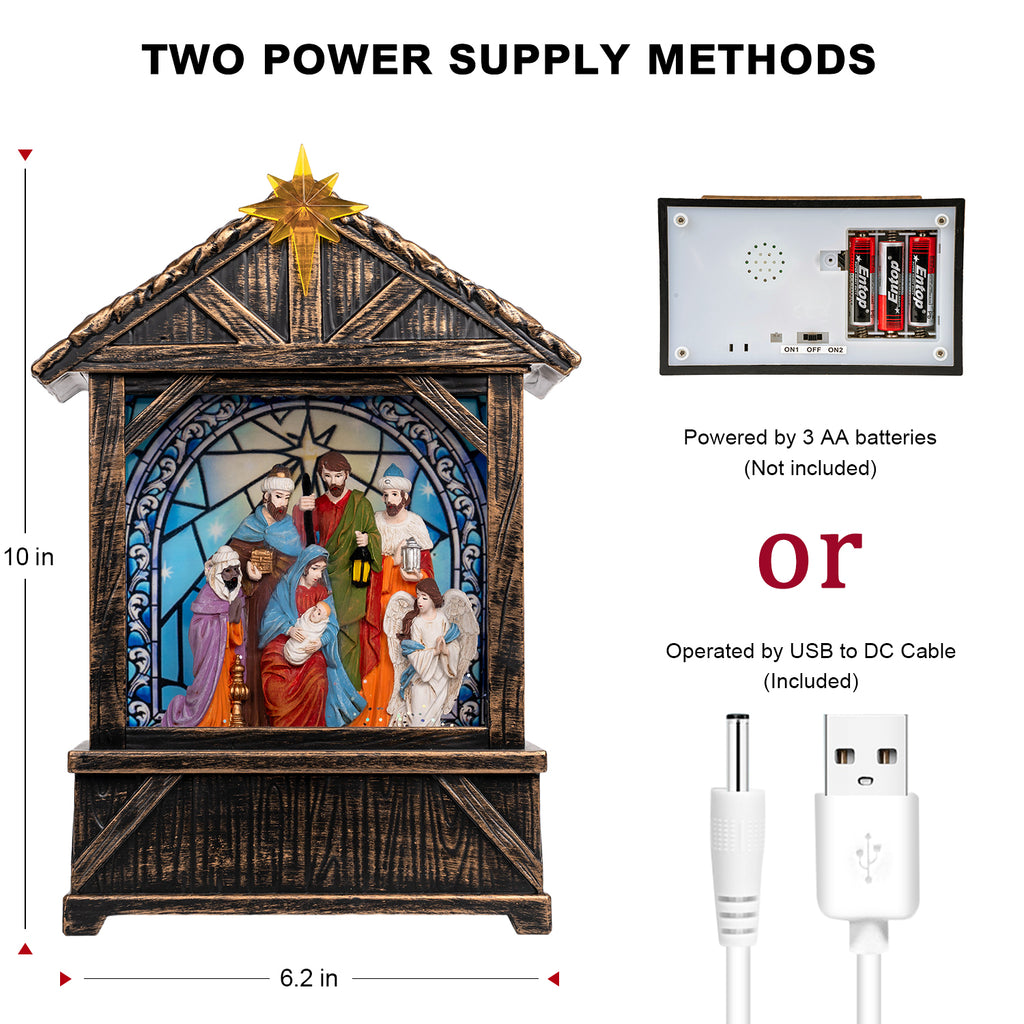 Christmas Snow Globe Lantern Water Glittering Nativity Manger with Star, USB Lined/Battery Operated Lighted Lantern for Christmas Festival Decoration Gifts-AULT24018-4