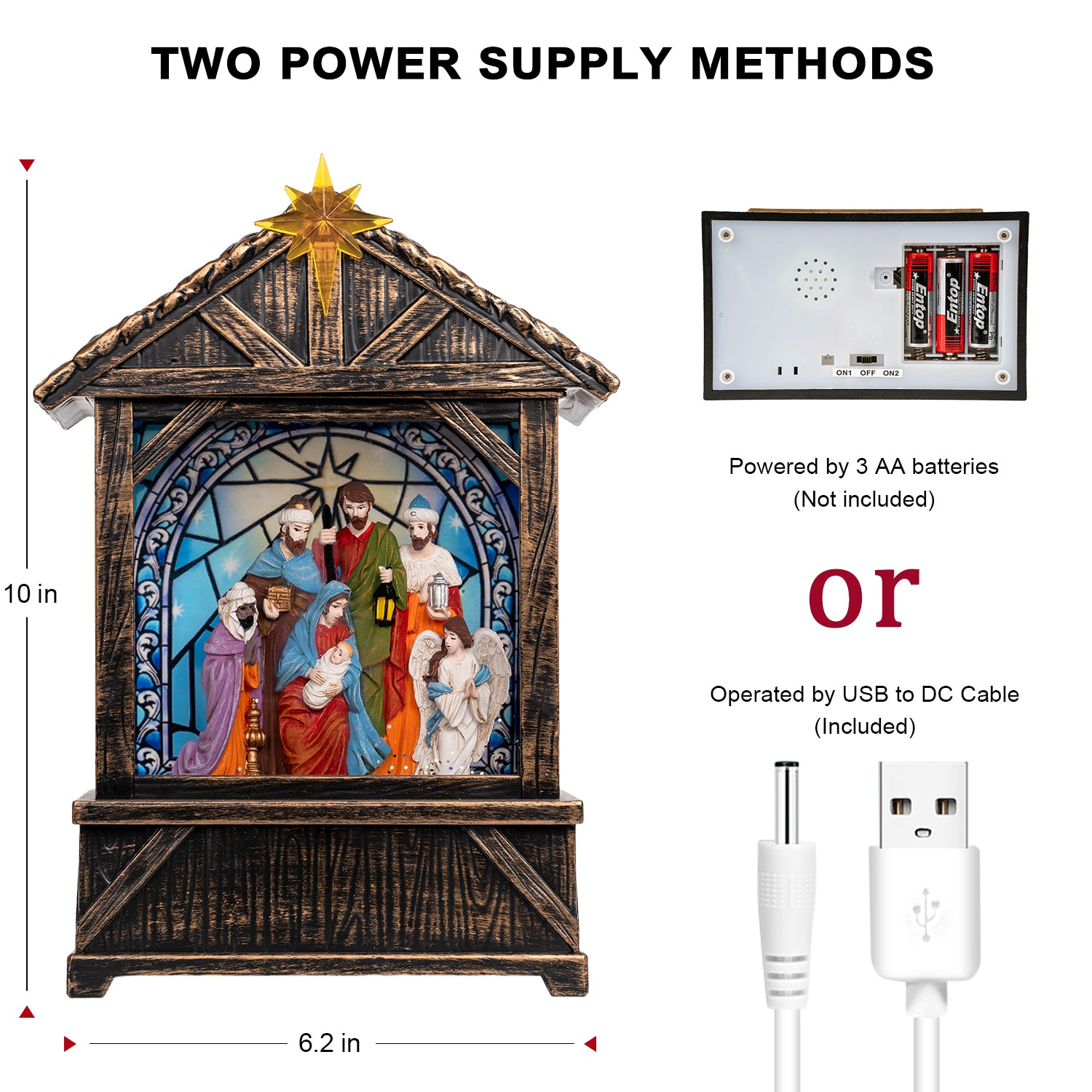 Christmas Snow Globe Lantern Water Glittering Nativity Manger with Star, USB Lined/Battery Operated Lighted Lantern for Christmas Festival Decoration Gifts-AULT24018-4