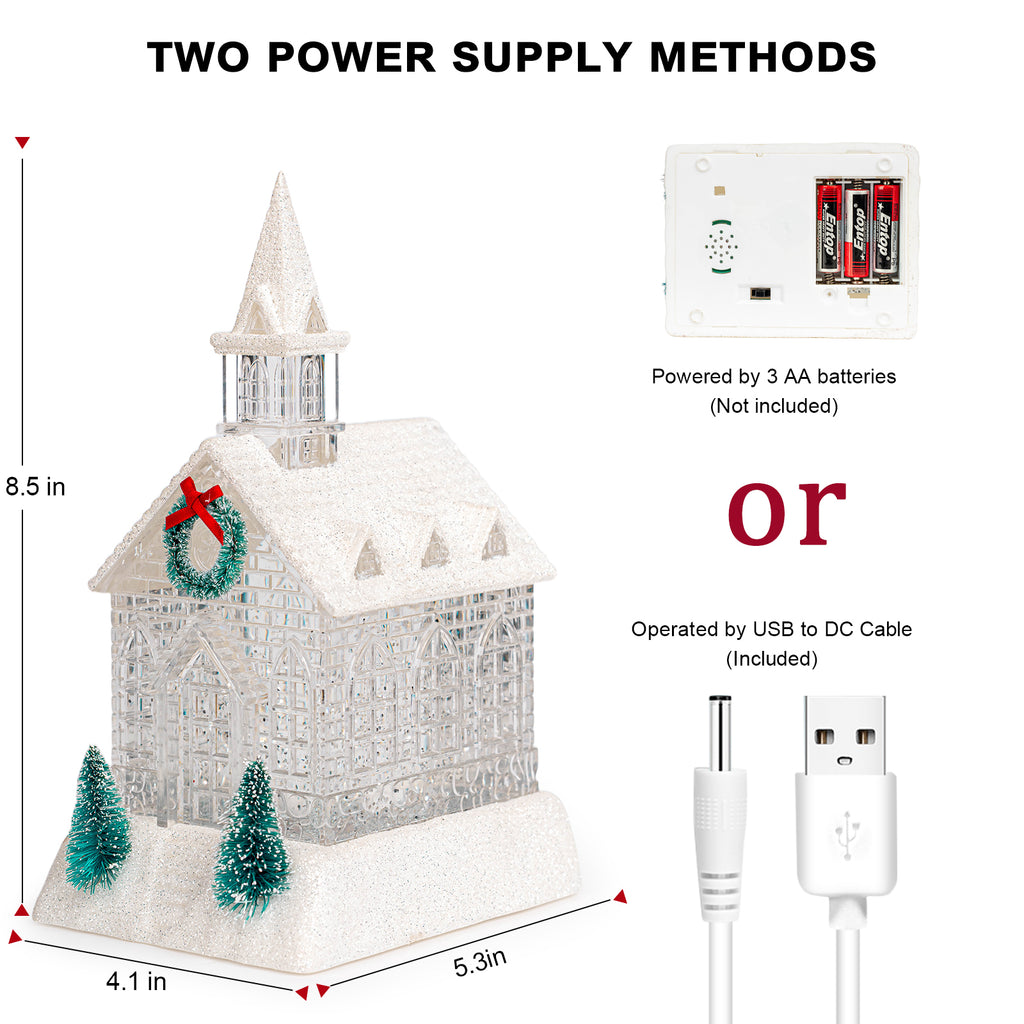 Christmas Lighted Church Water Lantern Snow Globe with Evergreens and Wreath， USB Lined/Battery Operated Lighted Lantern for Christmas Festival Decoration Gifts-AULT25011