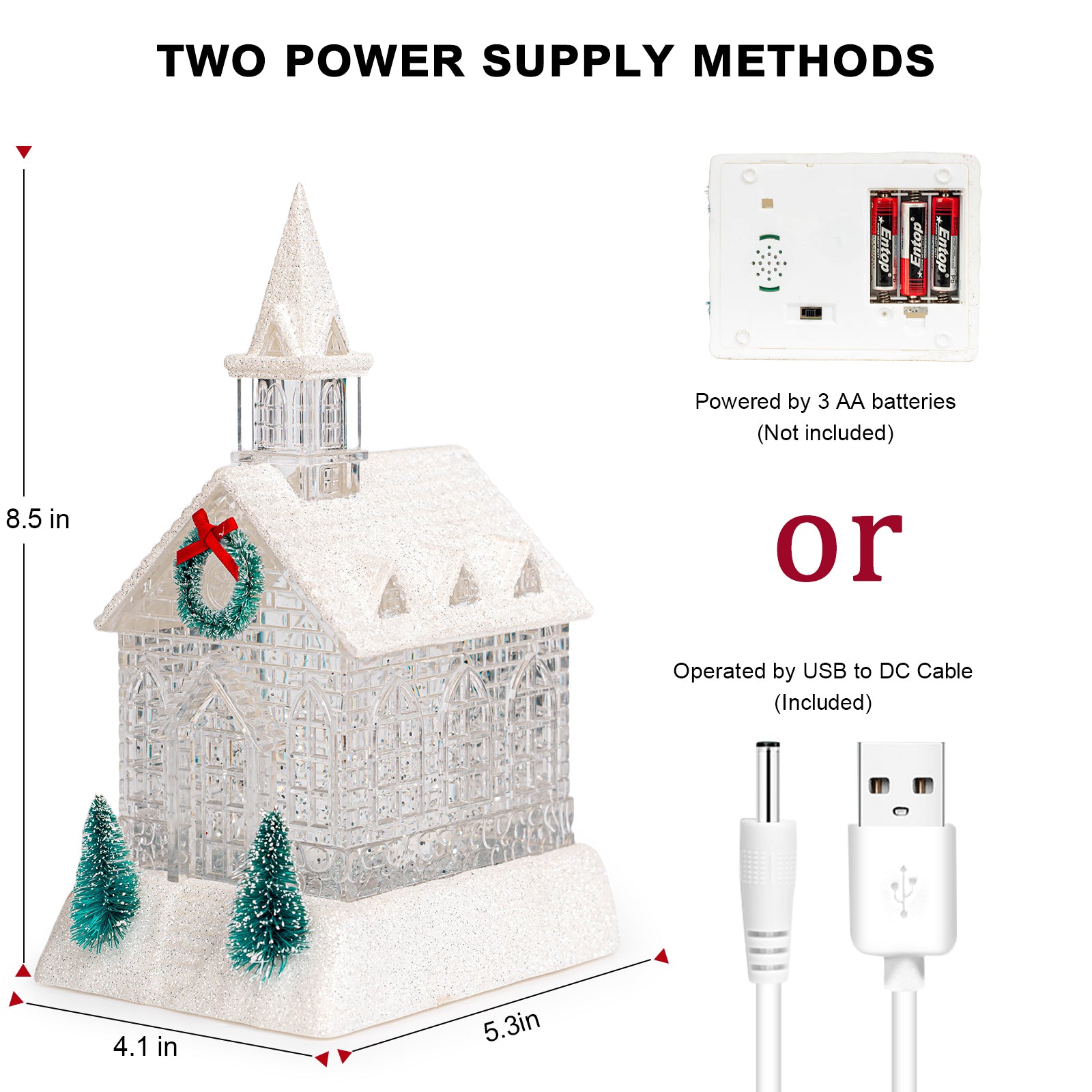 Christmas Lighted Church Water Lantern Snow Globe with Evergreens and Wreath， USB Lined/Battery Operated Lighted Lantern for Christmas Festival Decoration Gifts-AULT25011