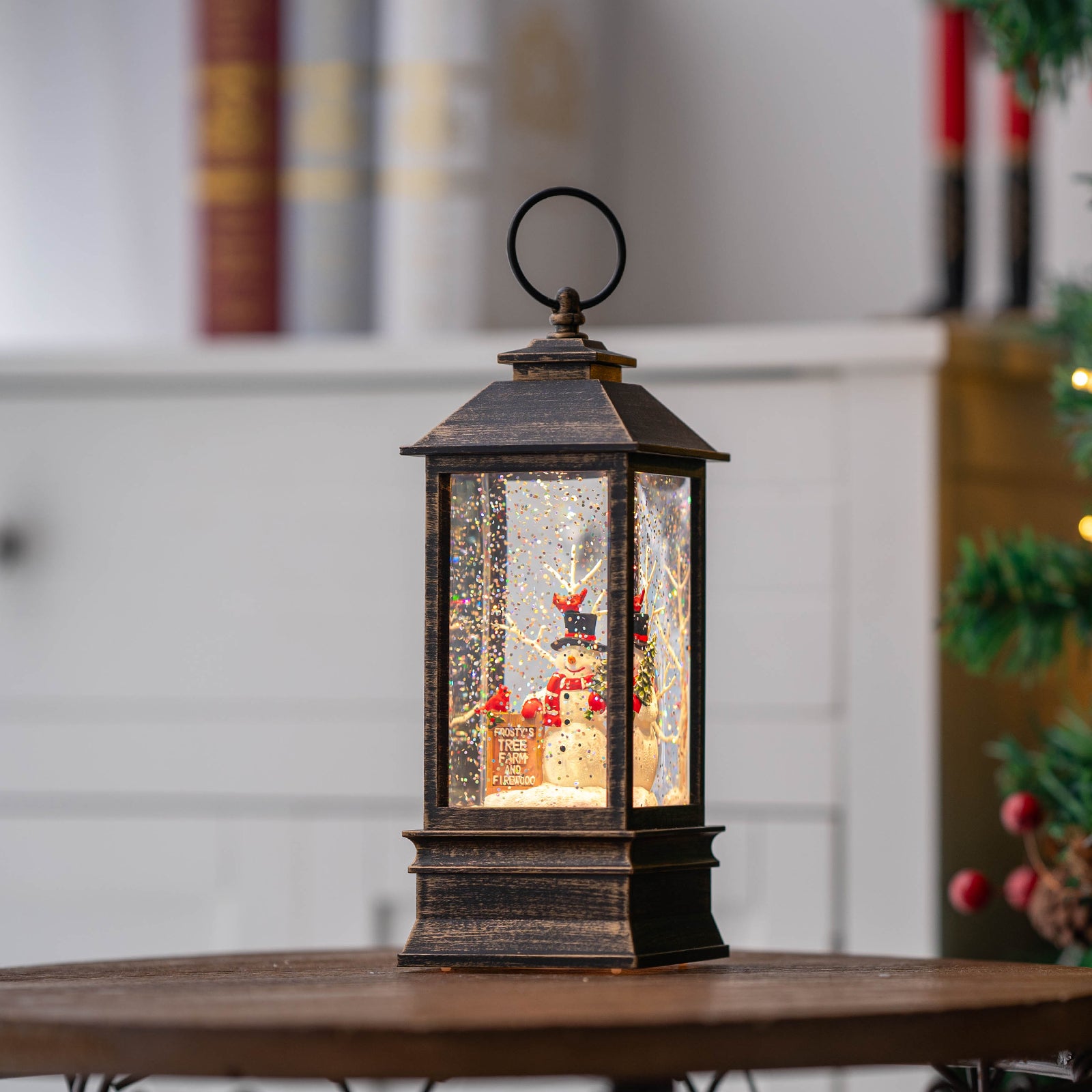 Christmas Snow Globe Water Glittering Farm Snowman with Music & Timer, USB Lined/Battery Operated Lighted Lantern for Christmas Festival Decoration Gifts-AULT24008-9