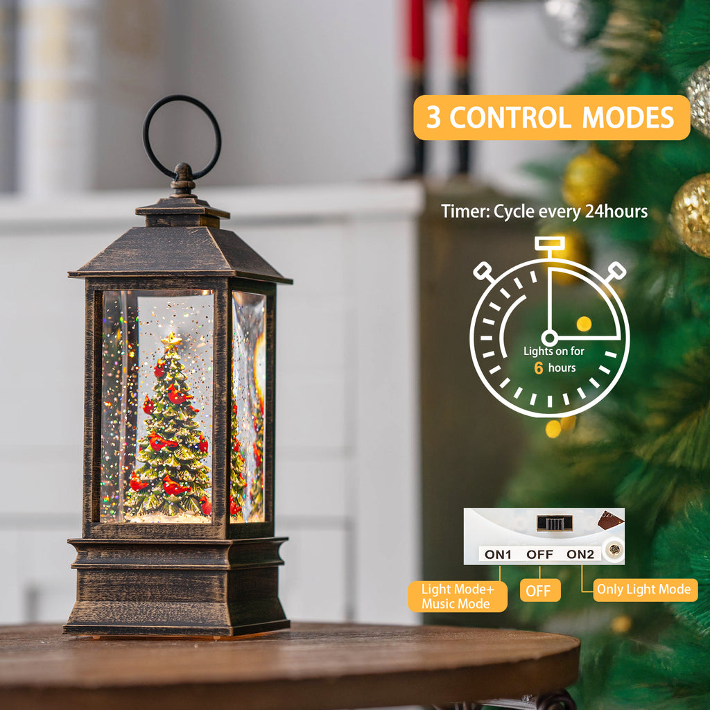 Christmas Snow Globe Lantern Water Glittering Christmas Tree with Music, USB Lined/Battery Operated Lighted Lantern for Christmas Festival Decoration Gifts-AULT24008-6