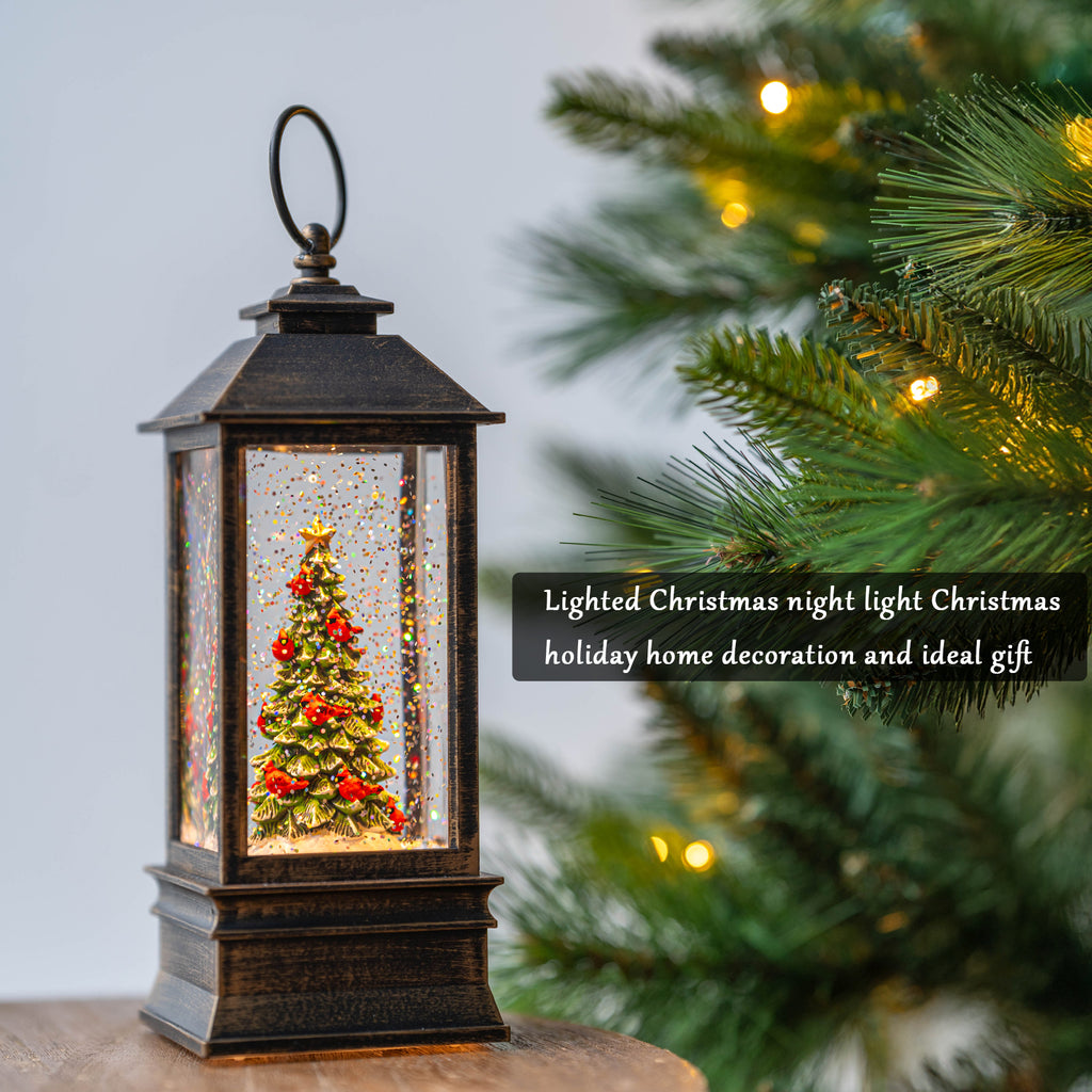 Christmas Snow Globe Lantern Water Glittering Christmas Tree with Music, USB Lined/Battery Operated Lighted Lantern for Christmas Festival Decoration Gifts-AULT24008-6