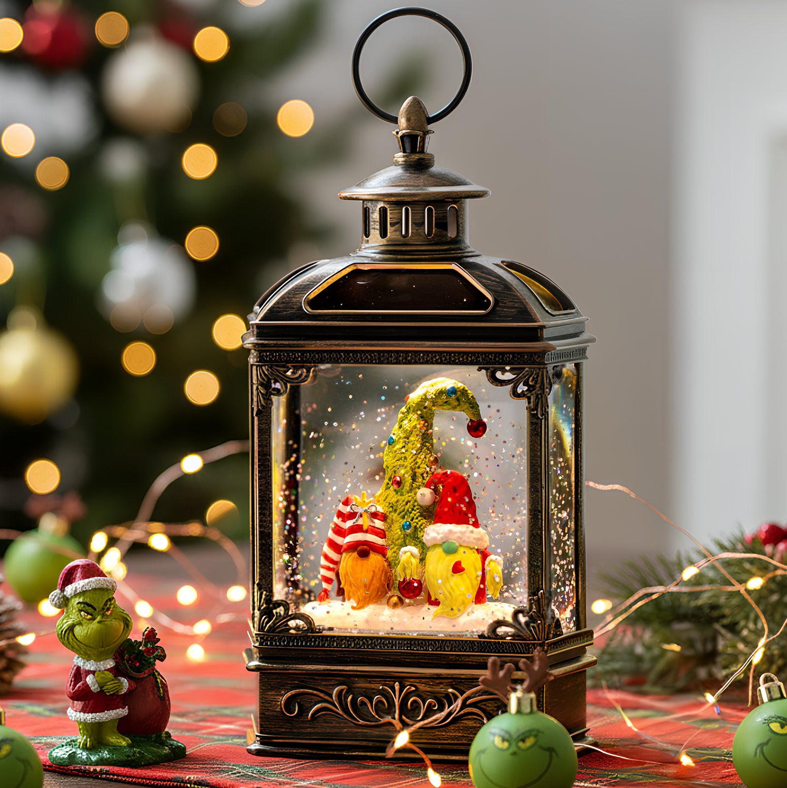 Christmas Snow Globe Lantern Water Glittering Gnomes Scandinavian Santa Elf with Whimsical Christmas Tree, Lighted Lantern-AULT24003-16